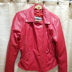 Women red leather jacket